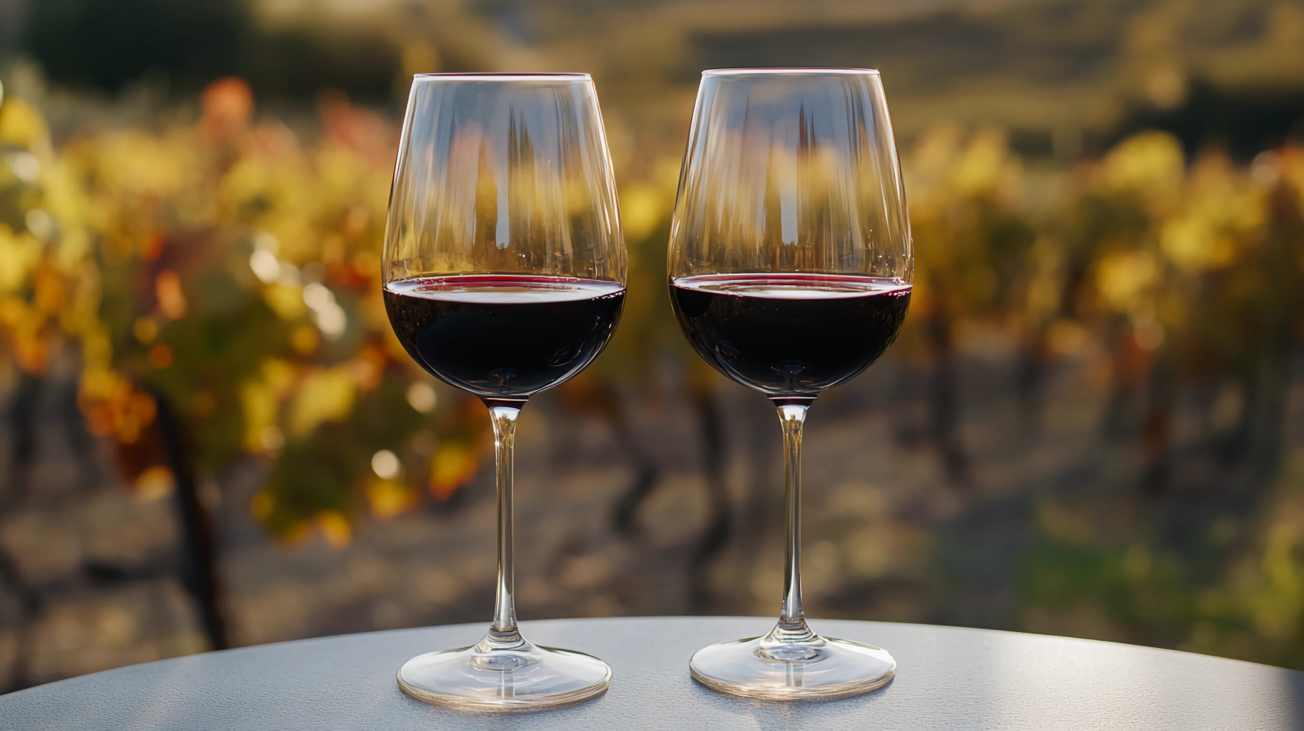 Red wine in glasses, in a vinyard setting